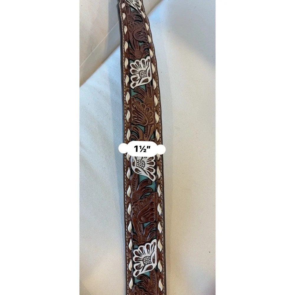 NWT Nocona XL Tooled Leather Western Belt Floral Turquoise Inlay 1.5